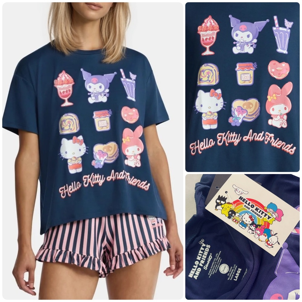 NWT Hello Kitty and Friends Women’s T-shirt and Shorts Pajama Set,L,XL, Navy